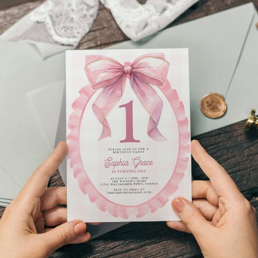 かわいいピンクボウコケット1歳の誕生日 招待状