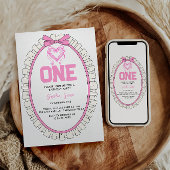 かわいいピンクボウコケット1歳の誕生日 招待状