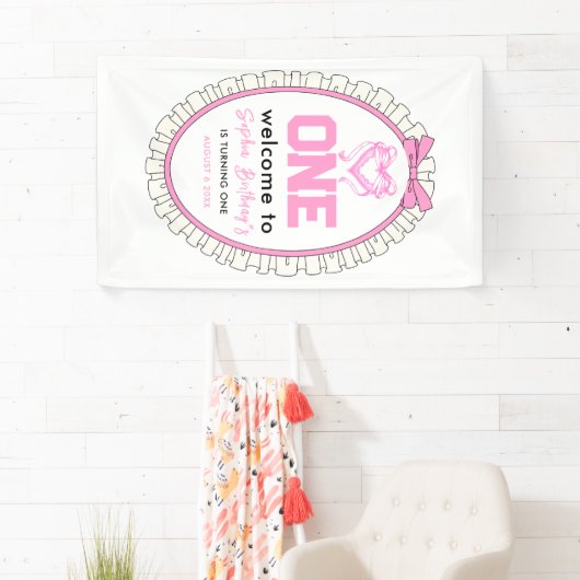 かわいいピンクボウコケット1歳の誕生日 横断幕 (インサイチュ)