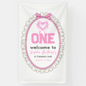 かわいいピンクボウコケット1歳の誕生日 横断幕 (縦)
