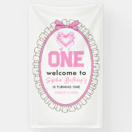 かわいいピンクボウコケット1歳の誕生日 横断幕