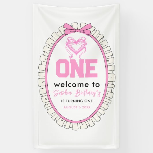 かわいいピンクボウコケット1歳の誕生日 横断幕 (縦)