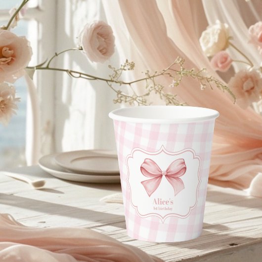 かわいいピンクボウコケット1歳の誕生日 紙コップ