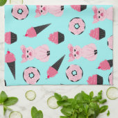 かわいいピンクミントピギードナツアイスクリームコーンパターン キッチンタオル (折り畳み)