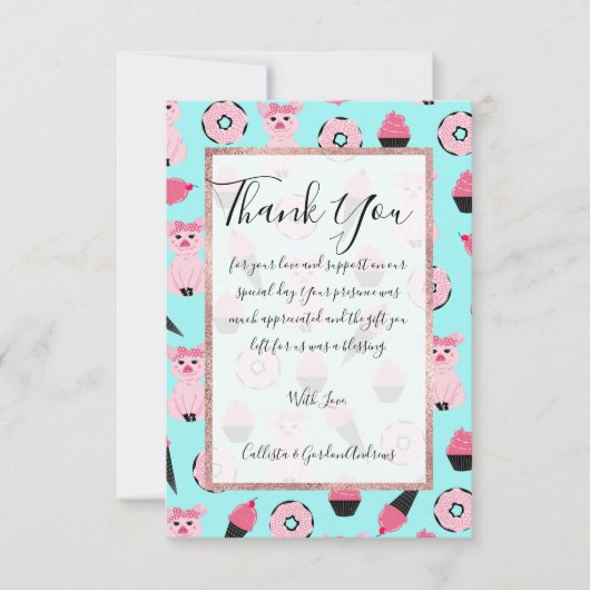 かわいいピンクミントピギードナツアイスクリームコーンパターン サンキューカード (正面)