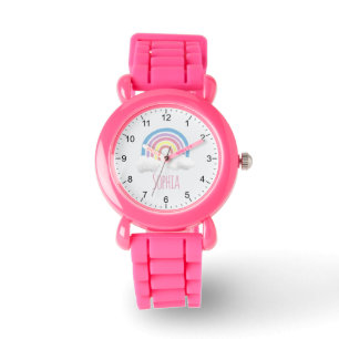 かわいいピンクモダンのレインボー&ネームキッズ 腕時計