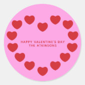 かわいいピンクモダンの赤いハートカスタムバレンタインデー ラウンドシール (正面)