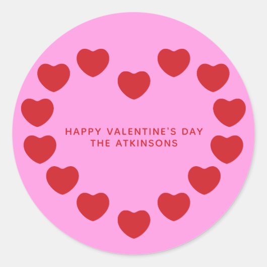 かわいいピンクモダンの赤いハートカスタムバレンタインデー ラウンドシール (正面)