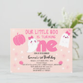 かわいいピンクリトルブハロウィンファースト誕生日 招待状 (スタンド正面)