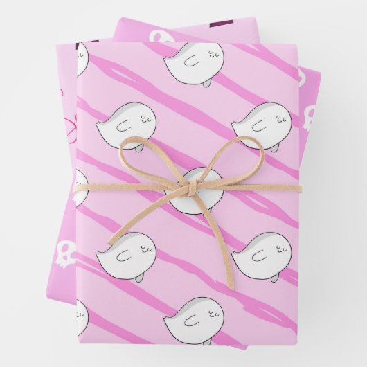 かわいいピンクリトルブー幽霊スカルハロウィーンギフト ラッピングペーパーシート (インサイチュ)