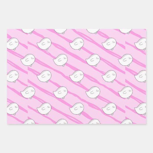 かわいいピンクリトルブー幽霊スカルハロウィーンギフト ラッピングペーパーシート (正面)