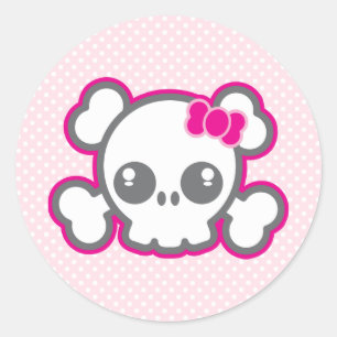 かわいいピンクリボンスカルステッカー ラウンドシール