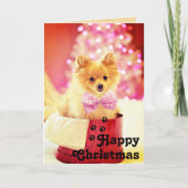 かわいいピンクリボンパピー&ハッピークリスマスカーユニークド カード (正面)