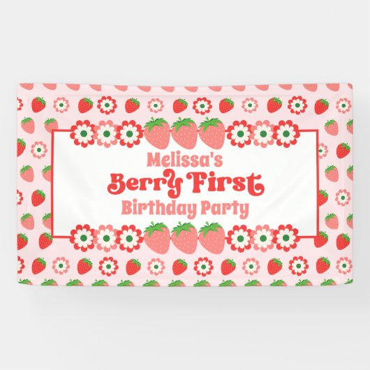 かわいいピンクレッドベリーの最初の誕生日パーティー 横断幕 (横)