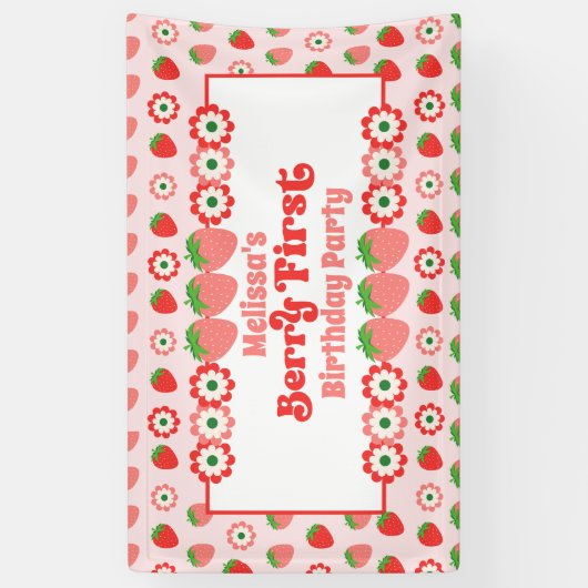 かわいいピンクレッドベリーの最初の誕生日パーティー 横断幕 (縦)