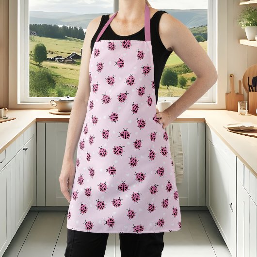 かわいいピンクレディバグ水玉模様ハートパターン エプロン