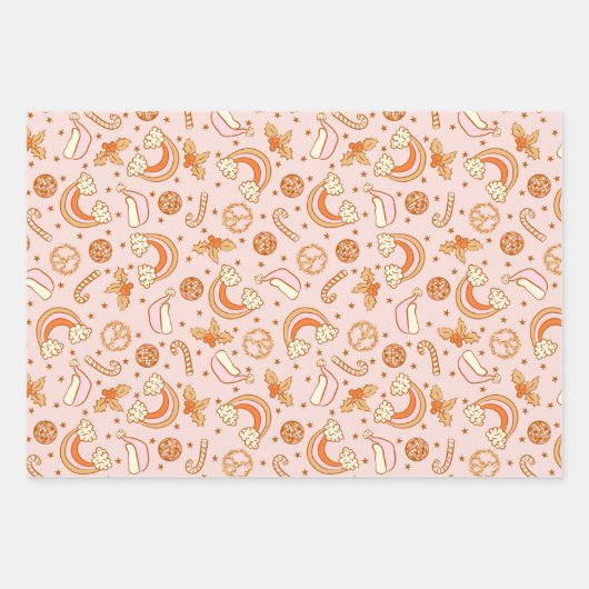 かわいいピンクレトロクリスマスディスコレインボーサンタ ラッピングペーパーシート (正面2)