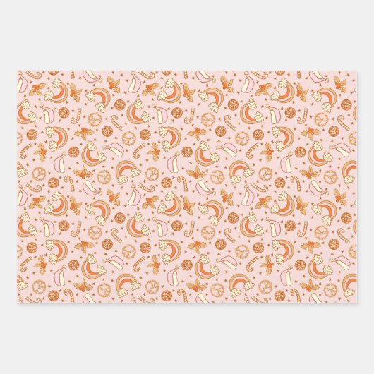 かわいいピンクレトロクリスマスディスコレインボーサンタ ラッピングペーパーシート (正面)