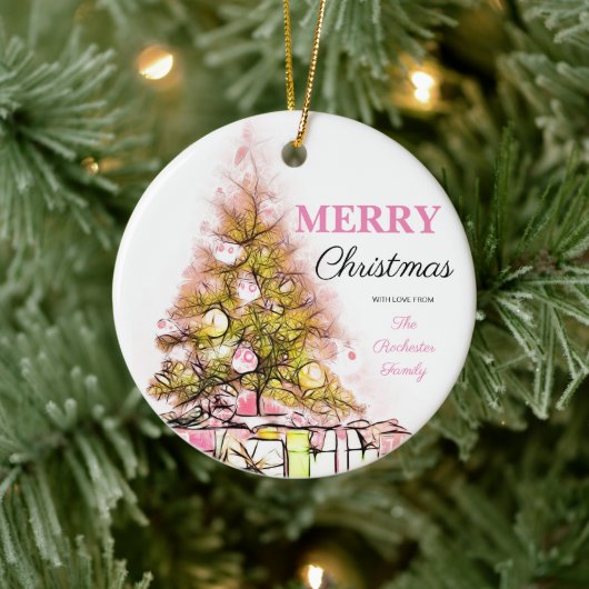 かわいいピンクレトロメリークリスマスツリー写真 セラミックオーナメント (ツリー)