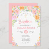 かわいいピンクローゼズウォーター色フローラガールバプテスマ 招待状 (正面/裏面)
