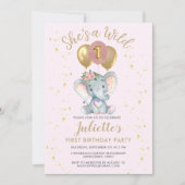 かわいいピンクワイルドワンエレファントファースト誕生日ガール 招待状 (正面)