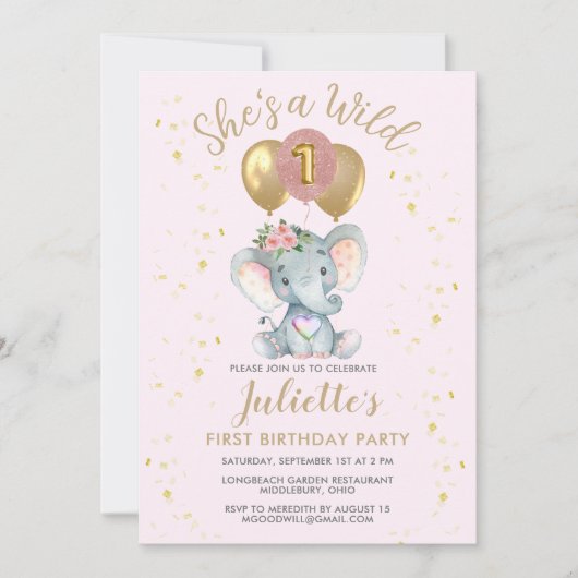 かわいいピンクワイルドワンエレファントファースト誕生日ガール 招待状 (正面)