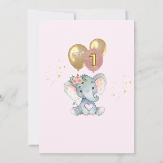 かわいいピンクワイルドワンエレファントファースト誕生日ガール 招待状 (裏面)