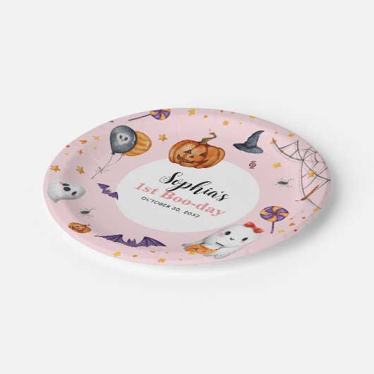かわいいピンク不気味ハロウィーン子供の誕生日 ペーパープレート (アングル)