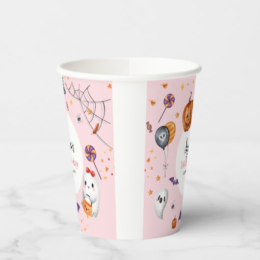 かわいいピンク不気味ハロウィーン子供の誕生日 紙コップ (左)