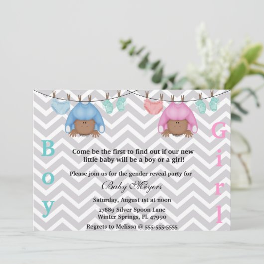 かわいいピンク及び青い性はパーティの招待状を明らかにします 招待状 (スタンド正面)