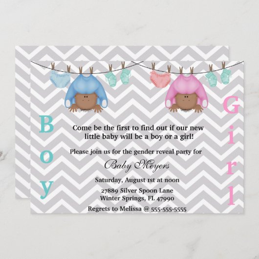 かわいいピンク及び青い性はパーティの招待状を明らかにします 招待状 (正面/裏面)