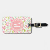 かわいいピンク及び青くガーリーな花のパーソナライズ ラゲッジタグ (正面横)