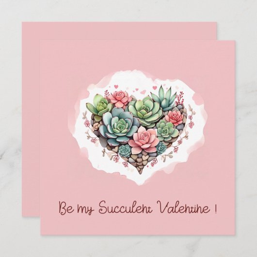 かわいいピンク多肉質ハートバレンタインデー シーズンカード (正面/裏面)