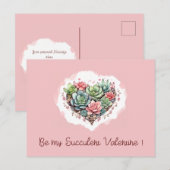 かわいいピンク多肉質ハートバレンタインデー シーズンポストカード (正面/裏面)