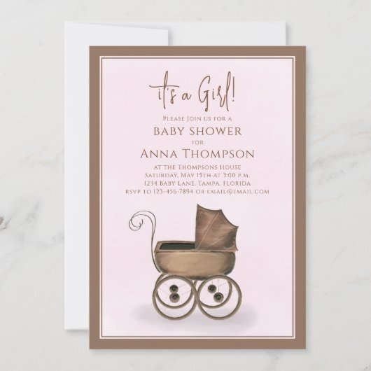 かわいいピンク女の子のヴィンテージベビー車 招待状 (正面)