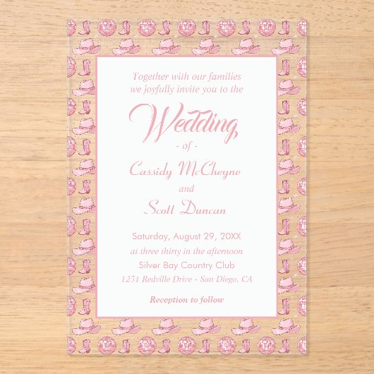 かわいいピンク女性のカーボーイカントリーウェディング アクリル招待状 (正面)