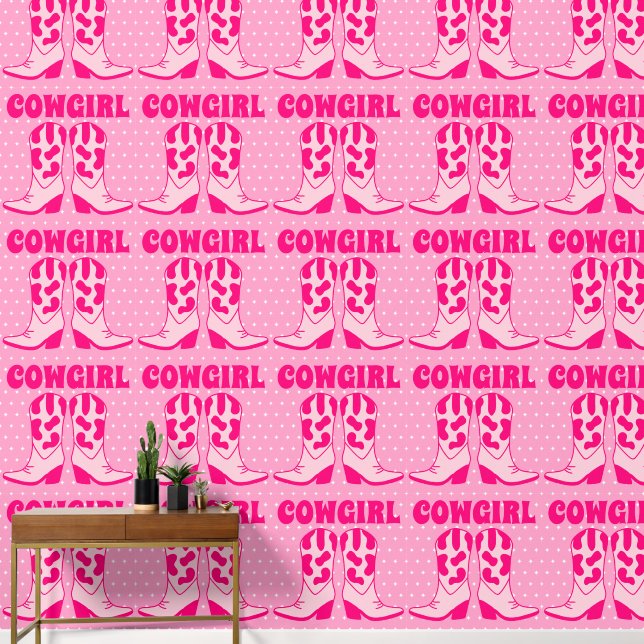かわいいピンク女性のカーボーイブーツ柄 壁紙 (廊下)