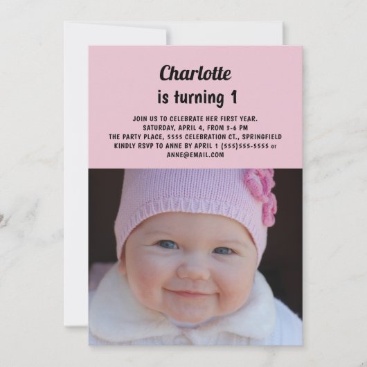 かわいいピンク小さな女の子の誕生日の写真1 招待状 (正面)