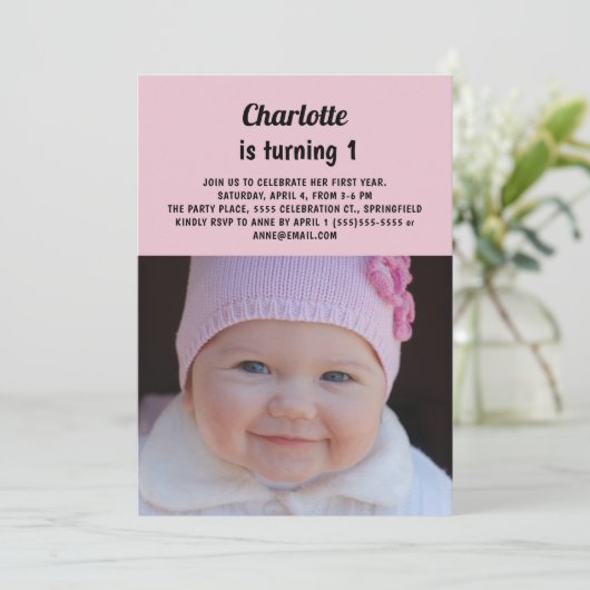 かわいいピンク小さな女の子の誕生日の写真1 招待状 (スタンド正面)