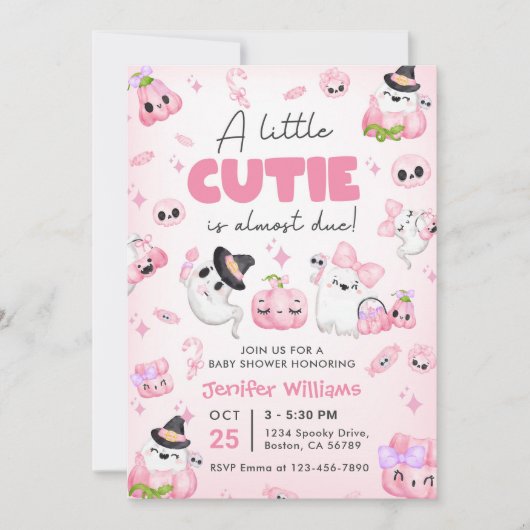 かわいいピンク幽霊ハロウィンベビーシャワーパーティー 招待状 (正面)
