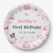 かわいいピンク幽霊ハロウィーン1歳の誕生日 ペーパープレート (正面)