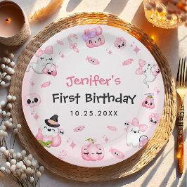 かわいいピンク幽霊ハロウィーン1歳の誕生日 ペーパープレート
