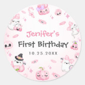 かわいいピンク幽霊ハロウィーン1歳の誕生日 ラウンドシール (正面)