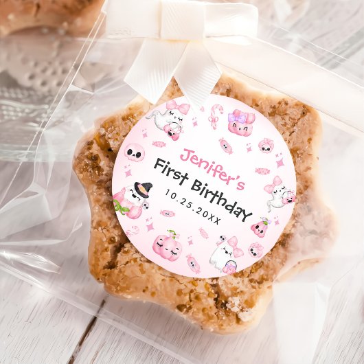 かわいいピンク幽霊ハロウィーン1歳の誕生日 ラウンドシール