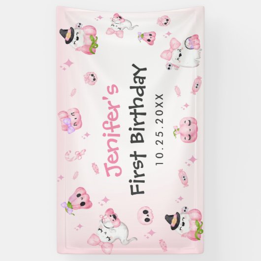 かわいいピンク幽霊ハロウィーン1歳の誕生日 横断幕 (縦)