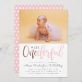 かわいいピンク恋しく思のワンダーフルな脚本写真1歳誕生日 招待状 (正面/裏面)