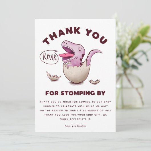 かわいいピンク恐竜の赤ちゃんシャワーTレックス サンキューカード (スタンド正面)