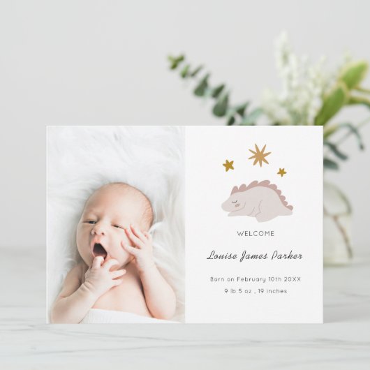 かわいいピンク恐竜ガールベビー写真誕生 案内状 (スタンド正面)