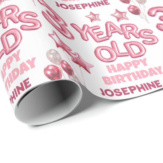 かわいいピンク文字バルーン3歳の誕生日 ラッピングペーパー (ロールコーナー)