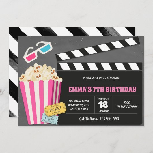 かわいいピンク映画の誕生日パーティーの招待状 招待状 (正面/裏面)